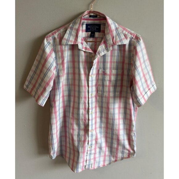 Abercrombie Mens Muscle Fit Short Sleeve Cotton Plaid Check Shirt Pink Size L - Picture 1 of 8